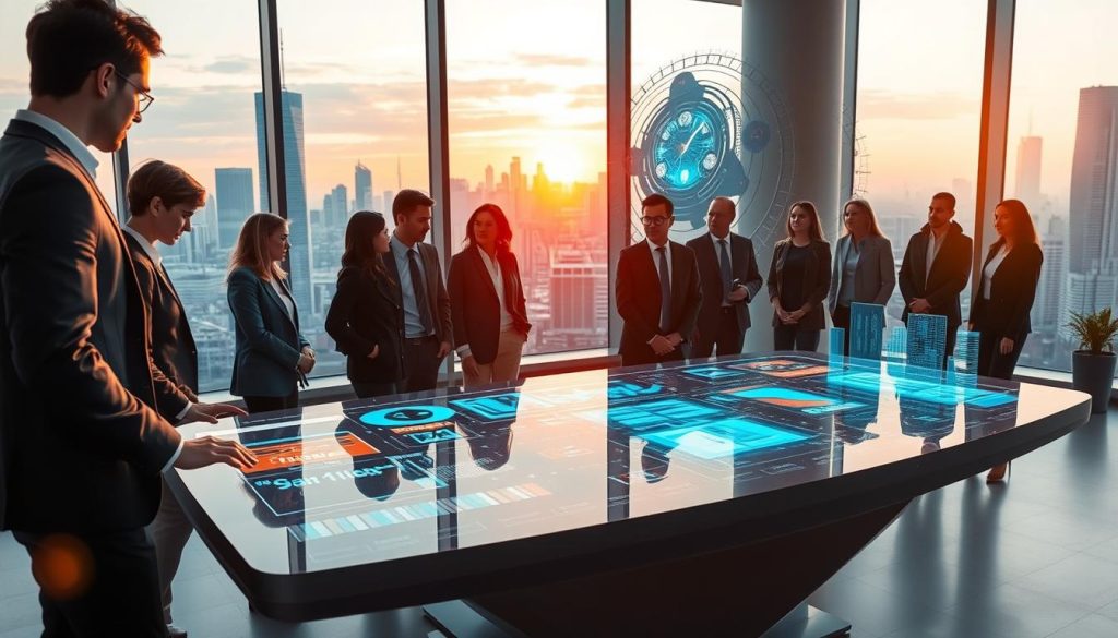 A futuristic office environment showcasing the concept of Generative AI. In the foreground, a diverse group of professionals in smart business attire is gathered around a sleek digital table displaying glowing holographic interfaces with vibrant data visualizations and AI algorithms. In the middle ground, a large window reveals a city skyline at dusk, with the warm glow of the setting sun casting an inviting light into the room. The background features abstract digital art representing emerging AI trends, such as neural networks and algorithmic patterns, subtly integrated into the architecture of the office. The atmosphere is optimistic and innovative, symbolizing anticipation for the future of technology. The overall lighting is bright and inspiring, with a slight lens flare to emphasize the forward-thinking theme.