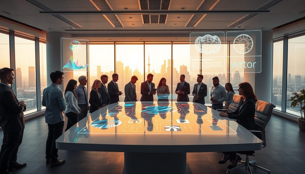 A futuristic office space showcasing the diverse applications of generative AI. In the foreground, a diverse group of professionals in business attire collaborate around a sleek, modern table, examining colorful data visualizations projected in mid-air. The middle ground features multiple holographic displays illustrating generative art, AI-assisted design, and automated writing tools, each glowing softly with vibrant colors. In the background, large windows reveal a city skyline bathed in warm, golden sunlight, accentuating a sense of innovation and optimism. The overall atmosphere exudes creativity and collaboration, captured with a wide-angle lens to encompass the dynamic workspace. Soft lighting enhances the futuristic feel, creating an inspiring environment that embodies the potential of generative AI applications.
