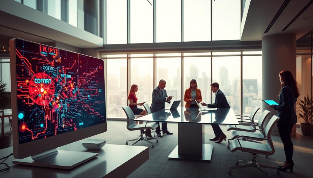 A modern office environment showcasing an abstract representation of generative AI applications. In the foreground, a sleek computer with a glowing screen displays complex algorithms and colorful visuals, conveying creativity and innovation. In the middle ground, diverse professionals in business attire collaborate around a glass table, engaged in brainstorming and using digital tablets. The background features a futuristic city skyline through large windows, symbolizing the bright future of technology. Soft, ambient lighting creates a warm atmosphere, while subtle shadows enhance depth. The overall mood is one of inspiration and productivity, reflecting a dynamic space where generative AI transforms the creative process.