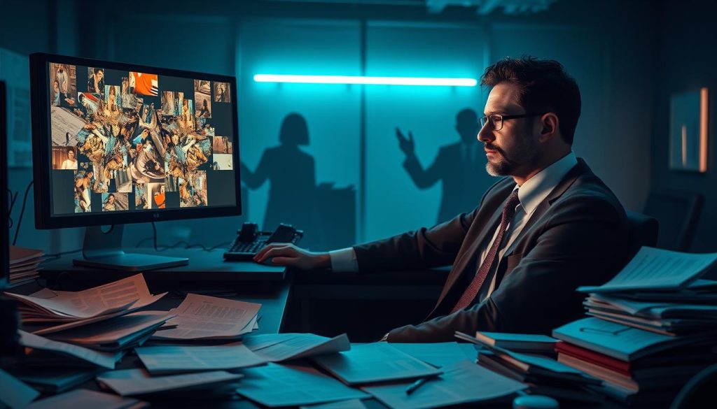 A split-scene illustrating the concept of "Generative AI Misuse." In the foreground, a person dressed in professional business attire sits at a cluttered desk, their facial expression a mix of concern and concentration, examining a computer screen displaying chaotic, distorted images generated by AI. In the middle ground, several disorganized papers scatter, featuring ethical dilemmas and misuses of AI technology. The background reveals a dimly lit office setting with shadowy shapes symbolizing the unknown risks associated with generative AI. Subtle neon light glows from the screen, casting an eerie atmosphere, emphasizing the tension between innovation and ethical considerations. Capture this using a slight tilt-angle lens for a dramatic effect, enhancing the mood of alarm and urgency surrounding the challenges facing generative AI. A split-scene illustrating the concept of "Generative AI Misuse." In the foreground, a person dressed in professional business attire sits at a cluttered desk, their facial expression a mix of concern and concentration, examining a computer screen displaying chaotic, distorted images generated by AI. In the middle ground, several disorganized papers scatter, featuring ethical dilemmas and misuses of AI technology. The background reveals a dimly lit office setting with shadowy shapes symbolizing the unknown risks associated with generative AI. Subtle neon light glows from the screen, casting an eerie atmosphere, emphasizing the tension between innovation and ethical considerations. Capture this using a slight tilt-angle lens for a dramatic effect, enhancing the mood of alarm and urgency surrounding the challenges facing generative AI.