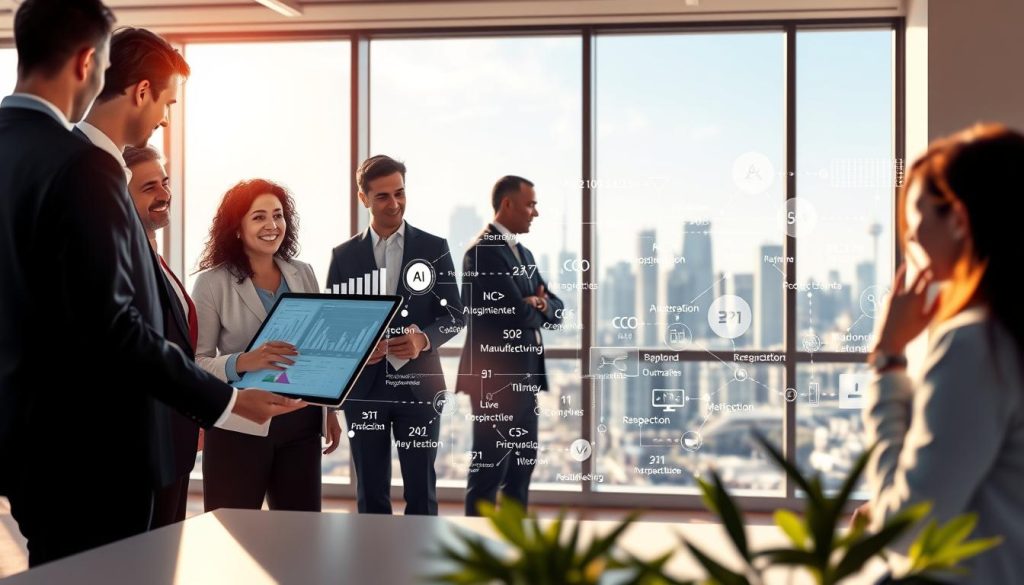 A vibrant and informative illustration depicting the use cases of Traditional AI. In the foreground, a diverse group of professionals in business attire discuss graphs and data projections on a digital tablet, showcasing collaboration in a modern office space. In the middle ground, a traditional AI algorithm visualization appears as mathematical equations and flowcharts that seamlessly blend with images representing various applications like healthcare diagnostics, fraud detection, and manufacturing automation. In the background, a city skyline is visible, symbolizing the real-world impact of AI. Soft, natural lighting illuminates the scene from large windows, creating an optimistic and professional atmosphere with a focus on innovation and reliability. The composition is dynamic yet organized, guiding the viewer's eye through the elements of Traditional AI applications. A vibrant and informative illustration depicting the use cases of Traditional AI. In the foreground, a diverse group of professionals in business attire discuss graphs and data projections on a digital tablet, showcasing collaboration in a modern office space. In the middle ground, a traditional AI algorithm visualization appears as mathematical equations and flowcharts that seamlessly blend with images representing various applications like healthcare diagnostics, fraud detection, and manufacturing automation. In the background, a city skyline is visible, symbolizing the real-world impact of AI. Soft, natural lighting illuminates the scene from large windows, creating an optimistic and professional atmosphere with a focus on innovation and reliability. The composition is dynamic yet organized, guiding the viewer's eye through the elements of Traditional AI applications.