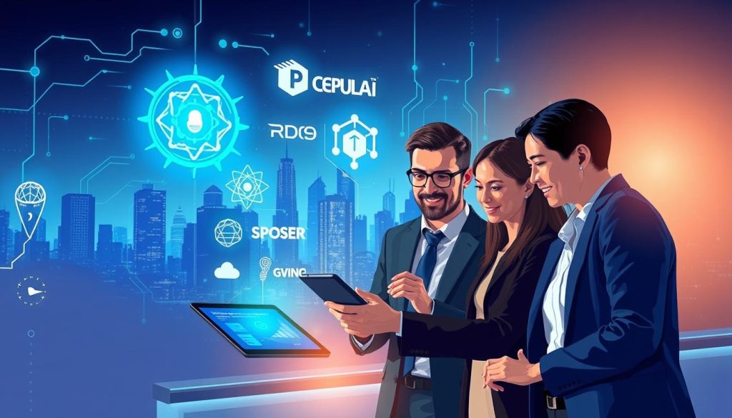 A vibrant illustration representing key players in the generative AI landscape. In the foreground, a diverse group of three professionals in business attire, engaged in discussion around a digital tablet showing generative AI concepts. In the middle ground, iconic logos of leading generative AI companies appear as holograms, illuminated in blue and green hues. The background features a futuristic city skyline with glowing data streams and circuit patterns, suggesting innovation and technology. Soft, ambient lighting casts a dynamic glow, creating an optimistic and forward-looking mood. The angle is slightly elevated, capturing the professionals in action while emphasizing the digital elements around them. The scene embodies collaboration, creativity, and technological advancement without any text or distractions.