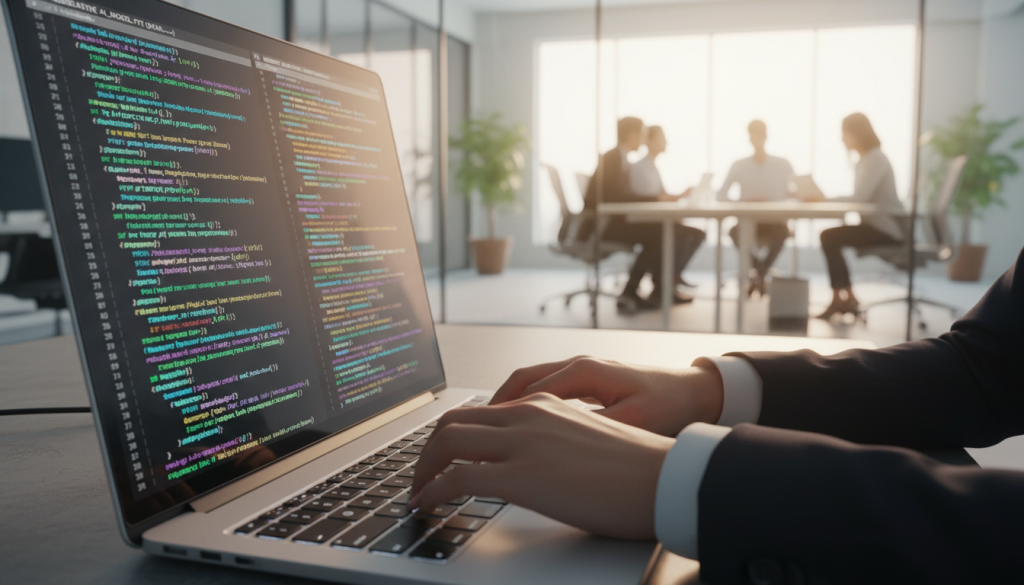 A close-up view of a computer screen displaying vibrant lines of code in various programming languages, such as Python and JavaScript. In the foreground, a pair of hands, dressed in smart business attire, are typing on a sleek laptop keyboard, emphasizing the act of code generation. The middle layer features a soft glow from the screen illuminating the hands, creating a focused and dynamic atmosphere. In the background, blurred images of diverse, modern office settings can be seen, symbolizing innovation and collaboration. The lighting is bright yet warm, evoking a sense of progress and creativity, while the angle captures the excitement of coding in action. The overall mood is professional and forward-thinking, reflecting the transformative power of generative AI in technology.