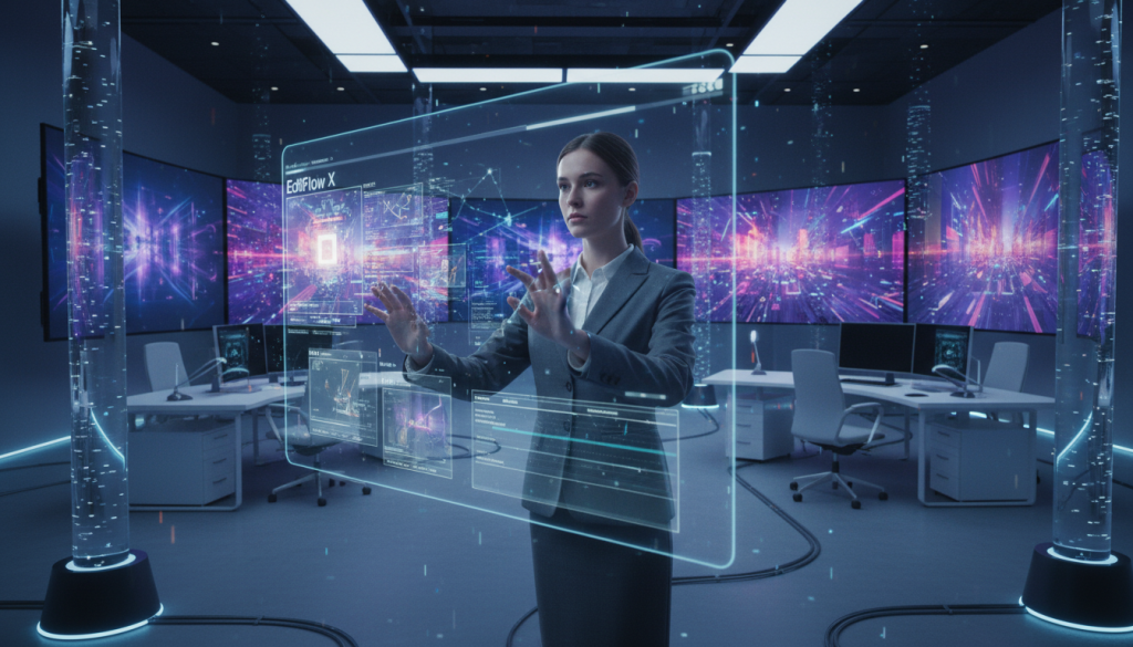 A futuristic video editing studio filled with advanced technology, showcasing holographic displays of video editing software in action. In the foreground, a professional young woman in business attire focuses intently on a floating screen, using gesture controls to manipulate 3D video elements. In the middle, large, vibrant screens show snippets of synthetic media and dynamic graphics generated by AI techniques. The background features sleek, modern workspace design, with ambient, soft blue lighting illuminating the scene, creating a high-tech atmosphere. The image should suggest innovation and creativity, with a clean and organized aesthetic, captured from a slightly elevated angle to provide depth and perspective.