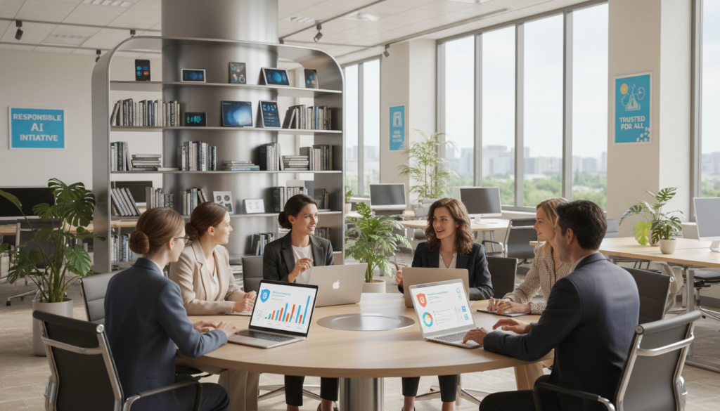 A modern office environment that symbolizes quality and safety in AI-generated content. In the foreground, a diverse group of professionals dressed in business attire engage in a collaborative discussion around a large table with laptops open, showcasing vibrant digital screens depicting charts and safety measures. In the middle ground, a bright and inviting workspace with large windows allows natural light to flood in, highlighting plants and safety posters on the walls that emphasize responsible AI usage. In the background, a futuristic bookshelf filled with technology and books on ethics in AI. The atmosphere is positive and innovative, conveying a sense of responsibility and optimism. The image should be bright, well-lit, and inviting, evoking a sense of trust and professionalism. A modern office environment that symbolizes quality and safety in AI-generated content. In the foreground, a diverse group of professionals dressed in business attire engage in a collaborative discussion around a large table with laptops open, showcasing vibrant digital screens depicting charts and safety measures. In the middle ground, a bright and inviting workspace with large windows allows natural light to flood in, highlighting plants and safety posters on the walls that emphasize responsible AI usage. In the background, a futuristic bookshelf filled with technology and books on ethics in AI. The atmosphere is positive and innovative, conveying a sense of responsibility and optimism. The image should be bright, well-lit, and inviting, evoking a sense of trust and professionalism.