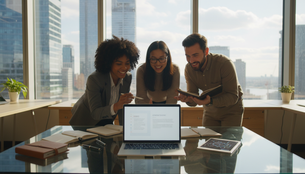 A modern office setting showcasing text generation tools for business communication. In the foreground, a sleek laptop with a glowing screen displaying lines of text in a professional document format, surrounded by notebooks and stationery. The middle features a diverse group of small business professionals—two women and a man—dressed in smart casual attire, collaborating over the laptop, pointing and discussing ideas with engaged expressions. In the background, a large window reveals a bright city skyline, with soft natural light flooding the room, creating a warm, inspiring atmosphere. Use a slightly elevated angle focused on the laptop and the team, emphasizing teamwork and innovation in everyday business communication. The mood is productive and welcoming, highlighting creativity and collaboration in a professional environment. A modern office setting showcasing text generation tools for business communication. In the foreground, a sleek laptop with a glowing screen displaying lines of text in a professional document format, surrounded by notebooks and stationery. The middle features a diverse group of small business professionals—two women and a man—dressed in smart casual attire, collaborating over the laptop, pointing and discussing ideas with engaged expressions. In the background, a large window reveals a bright city skyline, with soft natural light flooding the room, creating a warm, inspiring atmosphere. Use a slightly elevated angle focused on the laptop and the team, emphasizing teamwork and innovation in everyday business communication. The mood is productive and welcoming, highlighting creativity and collaboration in a professional environment.