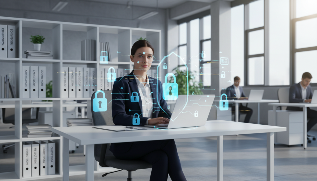 A secure digital environment representing data privacy in a small business setting. In the foreground, a confident businesswoman in professional attire, seated at a sleek desk with a laptop open, surrounded by floating holographic icons of locks, padlocks, and data streams. In the middle ground, shelves filled with files and documents labeled "Confidential" and "Intellectual Property," with a subtle gleam emphasizing their importance. The background reveals a modern office space with large windows allowing soft natural light to flood in, creating a bright, inviting atmosphere. The lens captures the scene with a slight depth of field, focusing on the businesswoman while gently blurring the background. The overall mood is one of reliability, professionalism, and the importance of safeguarding sensitive information. A secure digital environment representing data privacy in a small business setting. In the foreground, a confident businesswoman in professional attire, seated at a sleek desk with a laptop open, surrounded by floating holographic icons of locks, padlocks, and data streams. In the middle ground, shelves filled with files and documents labeled "Confidential" and "Intellectual Property," with a subtle gleam emphasizing their importance. The background reveals a modern office space with large windows allowing soft natural light to flood in, creating a bright, inviting atmosphere. The lens captures the scene with a slight depth of field, focusing on the businesswoman while gently blurring the background. The overall mood is one of reliability, professionalism, and the importance of safeguarding sensitive information.