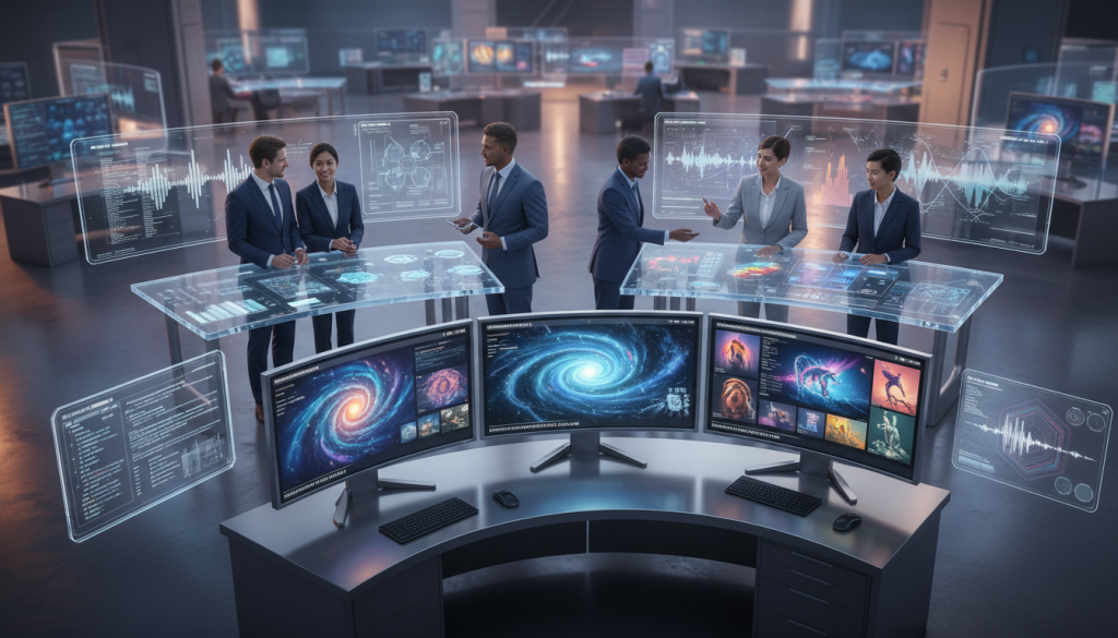 A dynamic, futuristic workspace filled with digital interfaces displaying various AI-generated images, videos, and speech waveforms. In the foreground, a sleek, modern computer setup with high-resolution screens showcases vibrant visual elements representing image generation prompts. In the middle ground, a diverse group of professionals, dressed in smart business attire, analyze these displays, their expressions energizing the atmosphere with creativity and collaboration. In the background, soft ambient lighting harmonizes with the glow from screens, casting gentle reflections on polished surfaces. The overall mood is one of innovation and inspiration, inviting viewers into a world where technology and creativity converge seamlessly. Capture this scene from an elevated angle to emphasize the interconnected nature of the workspace, ensuring it feels immersive and engaging. A dynamic, futuristic workspace filled with digital interfaces displaying various AI-generated images, videos, and speech waveforms. In the foreground, a sleek, modern computer setup with high-resolution screens showcases vibrant visual elements representing image generation prompts. In the middle ground, a diverse group of professionals, dressed in smart business attire, analyze these displays, their expressions energizing the atmosphere with creativity and collaboration. In the background, soft ambient lighting harmonizes with the glow from screens, casting gentle reflections on polished surfaces. The overall mood is one of innovation and inspiration, inviting viewers into a world where technology and creativity converge seamlessly. Capture this scene from an elevated angle to emphasize the interconnected nature of the workspace, ensuring it feels immersive and engaging.