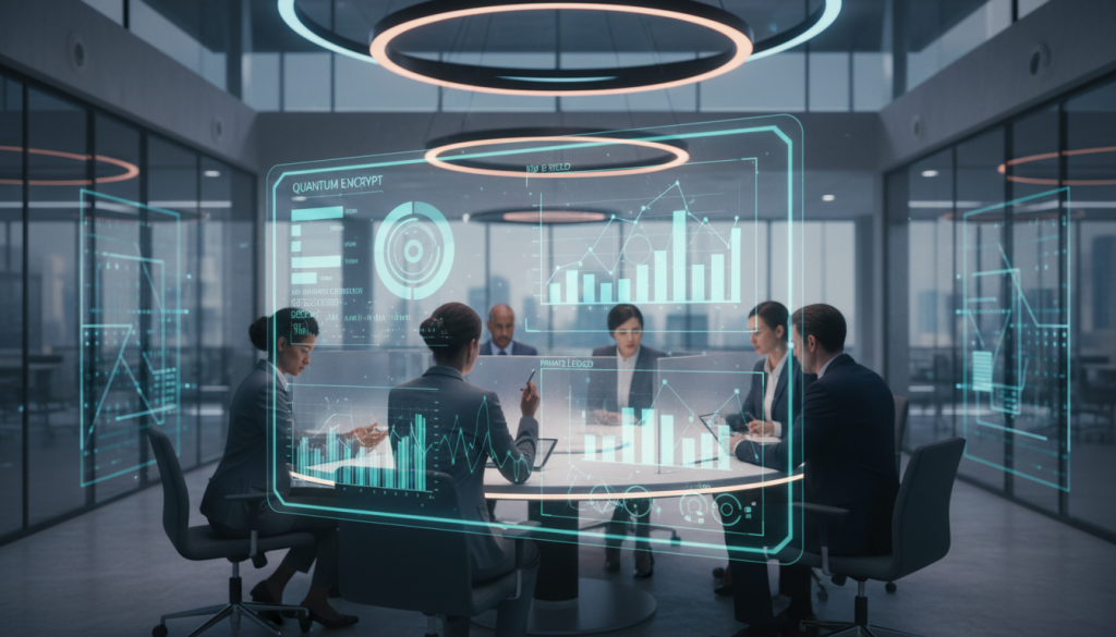 A futuristic corporate environment illustrating the concept of "data" with an emphasis on security, privacy, and intellectual property. In the foreground, a sleek, holographic data dashboard displays dynamic graphs and charts, casting soft blue and green glows. In the middle, diverse professionals in formal business attire collaborate, analyzing the data with focused expressions, surrounded by translucent privacy shields. In the background, a modern office setting with glass walls and digital security systems visible, illuminated by ambient lighting that creates a professional yet innovative atmosphere. The scene conveys a sense of trust, technology, and collaboration, with a slight depth of field effect to emphasize the foreground action. A futuristic corporate environment illustrating the concept of "data" with an emphasis on security, privacy, and intellectual property. In the foreground, a sleek, holographic data dashboard displays dynamic graphs and charts, casting soft blue and green glows. In the middle, diverse professionals in formal business attire collaborate, analyzing the data with focused expressions, surrounded by translucent privacy shields. In the background, a modern office setting with glass walls and digital security systems visible, illuminated by ambient lighting that creates a professional yet innovative atmosphere. The scene conveys a sense of trust, technology, and collaboration, with a slight depth of field effect to emphasize the foreground action.