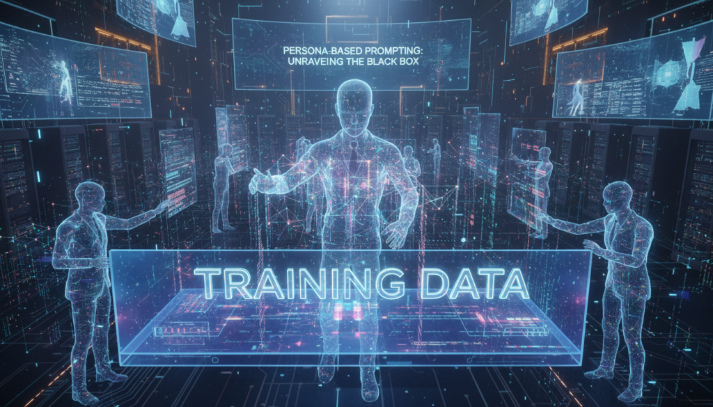 A futuristic digital scene showcasing a large, abstract representation of "training data." In the foreground, a translucent holographic interface displays colorful, cascading streams of binary code and interconnected nodes, symbolizing complex AI algorithms. In the middle ground, sophisticated AI personas, depicted as semi-transparent figures in professional business attire, interact with data, analyzing and organizing it. The background features a sleek, high-tech environment with glowing circuits and screens, illuminated by soft, ambient lighting that creates a sense of depth and intrigue. The overall mood is contemplative and slightly futuristic, emphasizing the mysteries and limitations of persona-based prompting in AI. The angle is slightly elevated, providing a panoramic view of this captivating scene. A futuristic digital scene showcasing a large, abstract representation of "training data." In the foreground, a translucent holographic interface displays colorful, cascading streams of binary code and interconnected nodes, symbolizing complex AI algorithms. In the middle ground, sophisticated AI personas, depicted as semi-transparent figures in professional business attire, interact with data, analyzing and organizing it. The background features a sleek, high-tech environment with glowing circuits and screens, illuminated by soft, ambient lighting that creates a sense of depth and intrigue. The overall mood is contemplative and slightly futuristic, emphasizing the mysteries and limitations of persona-based prompting in AI. The angle is slightly elevated, providing a panoramic view of this captivating scene.