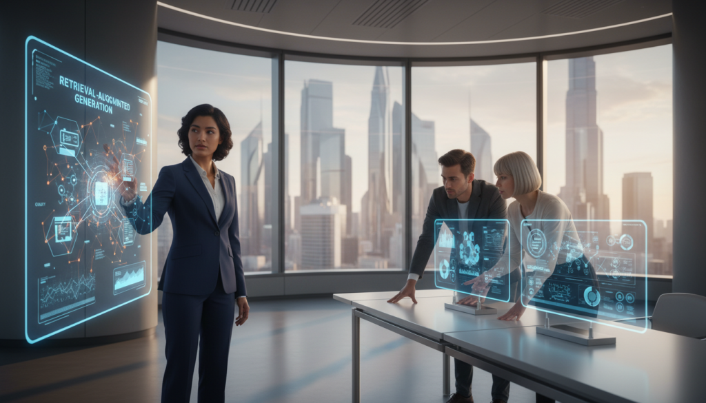 A futuristic office environment where a diverse group of professionals collaborate on digital prompts. In the foreground, a focused woman in business attire stands by a holographic display, illustrating the concept of retrieval-augmented generation with floating data points and interconnected nodes. In the middle ground, two colleagues, one male and one female, analyze information on sleek, transparent screens, highlighting communication and teamwork. The background features a large window with a city skyline, bathed in warm afternoon light. The mood conveys innovation and synergy, with soft shadows enhancing the tech-heavy ambiance. The image should evoke a sense of dynamic collaboration and the fusion of AI with real-time data integration, emphasizing clarity and professionalism in a high-tech setting.