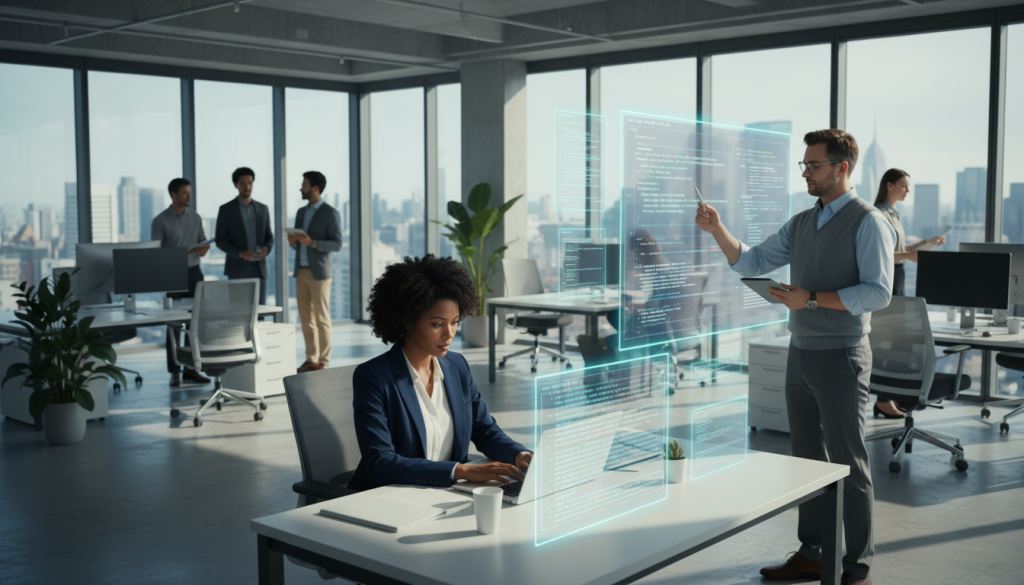 A modern office environment showcasing a diverse team of software developers collaborating on code generation. In the foreground, a focused female developer in professional attire is working intently on a laptop, surrounded by colorful code snippets visually floating in the air. In the middle, a male colleague points to a digital whiteboard filled with diagrams and coding concepts, while another team member, dressed in business casual, takes notes on a tablet. The background reveals a sleek office with large windows allowing natural light to illuminate the space, casting soft shadows. The atmosphere is collaborative and innovative, with an emphasis on teamwork and creativity, captured from a slightly elevated angle for a comprehensive view. A modern office environment showcasing a diverse team of software developers collaborating on code generation. In the foreground, a focused female developer in professional attire is working intently on a laptop, surrounded by colorful code snippets visually floating in the air. In the middle, a male colleague points to a digital whiteboard filled with diagrams and coding concepts, while another team member, dressed in business casual, takes notes on a tablet. The background reveals a sleek office with large windows allowing natural light to illuminate the space, casting soft shadows. The atmosphere is collaborative and innovative, with an emphasis on teamwork and creativity, captured from a slightly elevated angle for a comprehensive view.