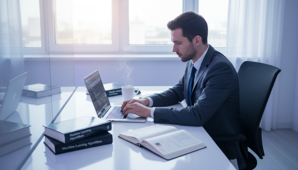A modern workspace featuring a sleek, minimalistic desk with a laptop open, displaying lines of code in a cool, blue light. In the foreground, a programmer—dressed in professional business attire—focused intently on the screen, with a thoughtful expression. In the middle ground, technical books and notebooks are scattered around, with a cup of coffee steaming softly, adding warmth to the scene. The background showcases a large window with natural light streaming in, illuminating the space and creating a sense of productivity. A soft, ambient glow enhances the atmosphere, reflecting innovation and creativity. The camera angle is slightly above eye level, giving a broader view of the workspace while maintaining focus on the programmer's engagement with the code.