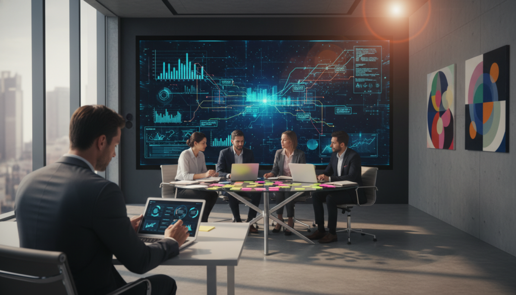 A sleek, modern workspace featuring a large digital display showcasing complex data visualizations and graphs. In the foreground, a focused professional, dressed in business attire, is intently reviewing metrics on a tablet. The middle section captures a collaborative atmosphere with a diverse team discussing ideas around a glass table cluttered with notebooks, laptops, and colorful sticky notes, symbolizing iteration loops. The background reveals a contemporary office environment bathed in natural light from large windows, with abstract artwork that adds a splash of creativity. Soft shadows create a warm, inviting mood, while a lens flare subtly highlights the importance of innovation in the digital age. The composition emphasizes teamwork and analytical thinking, illustrating the essence of data-driven decision-making.