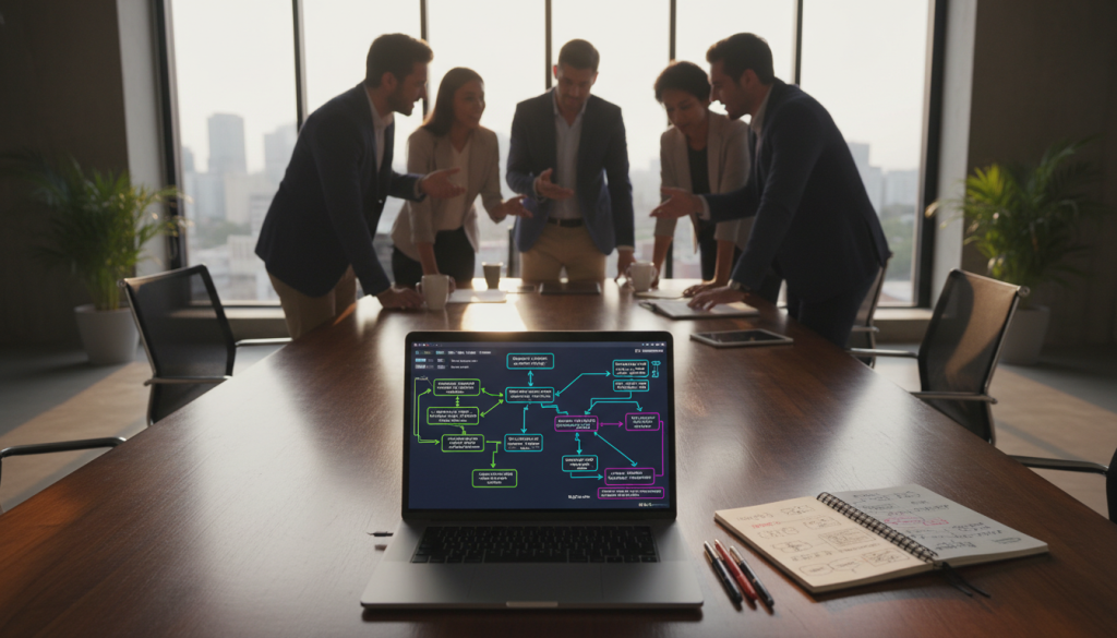 A well-organized workspace showcasing a digital brainstorming session on meta-prompting. In the foreground, a sleek laptop displays a vibrant, intricate mind map of prompt strategies, highlighted in electric blue and green. Beside it, a notepad lies open with neatly written notes and diagrams in a professional setting. In the middle ground, a diverse group of professionals dressed in business attire collaborate around a polished wooden table, engaged in discussion. The background features a large window allowing warm, natural sunlight to illuminate the space, casting soft shadows across the room. The atmosphere is energetic and focused, reflecting a dynamic synergy in harnessing AI for effective prompt creation. The image is shot from a slight bird’s-eye angle, emphasizing collaboration and innovative thinking.